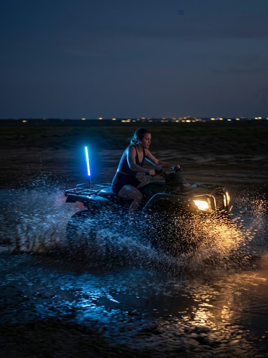 A rider throwing spray through water on a glow tour